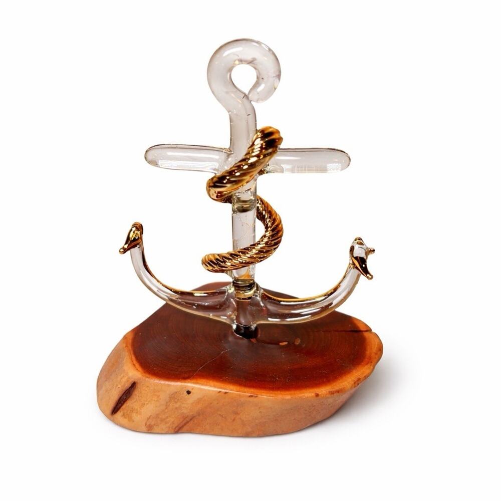 Cecil Art Glass Anchor Sculpture Wood Base Nautical Handmade Blown Glass 4 Inch